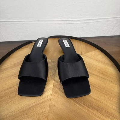 Steve Madden Joanie Black Satin Heeled Mules Slides Women's Size 8M Shoes - Image 1 of 4