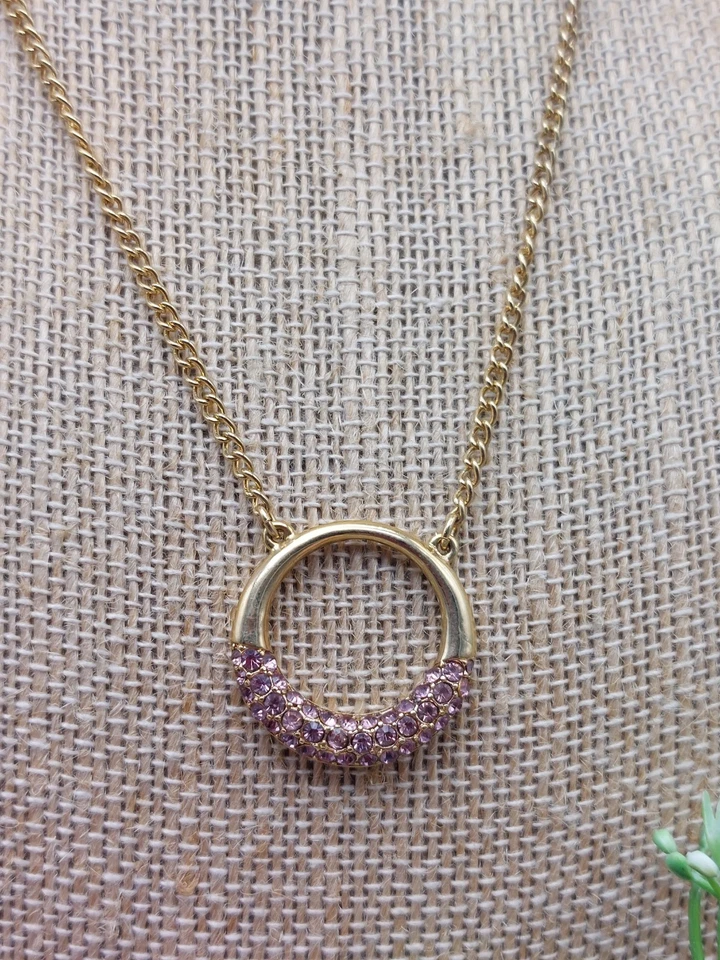 Beautiful Gold Tone Necklace Round Pendant with Purple Rhinestones 18" - Image 1 of 4