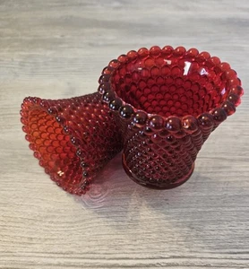 2 Vintage Ruby Red/Berry Glass Hobnail Uranium Pegged Votive Candle Holders - Picture 1 of 9