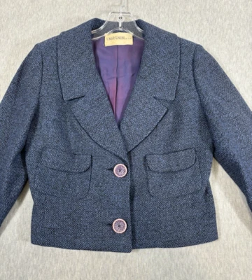 Vintage 1960s I.Magnin Blazer Size S/M Blue Wool Woven Mod 3/4 Sleeve 2 Button - Image 1 of 4