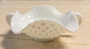 Vintage Fenton Hobnail Milk Glass Double Handled Bon Bon Dish Ruffled Edge Candy - Picture 1 of 12