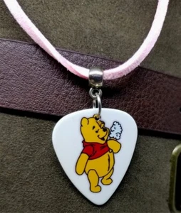 Winnie the Pooh with an Ice Cream Guitar Pick Necklace on Light Pink Suede Cord - Picture 1 of 2