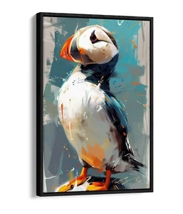 ATLANTIC PUFFIN BIRD ILLUSTRATION -FLOAT EFFECT FRAMED CANVAS WALL ART PRINT - Picture 1 of 12