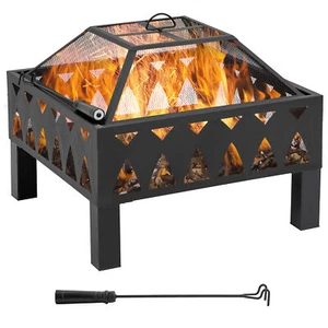 Outsunny Outdoor Fire Pit with Screen and Poker, Backyard Wood Burner, Black - Picture 1 of 11