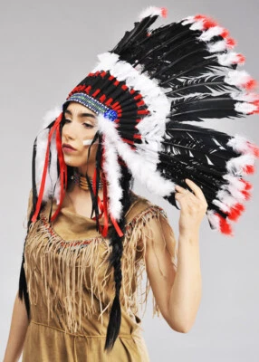 Adult Size Black and Red Native American Indian Chief Feather Headdress - Image 1 of 3