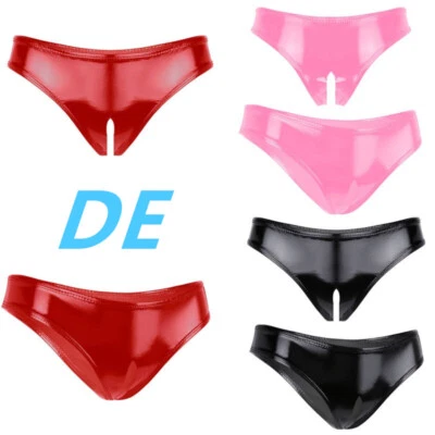 DE Damen Wetlook Ouvert Strings Bikini Slip Lackleder Sexy Unterwäsche Dessous - Bild 1 von 4