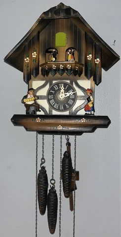Vintage German Black Forest Musical 3 Weight Cuckoo Clock with Animated Dancers Cover