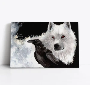 Pintura de cuervo negro lobo blanco sobre lienzo enmarcado arte de pared | animales de la naturaleza - Imagen 1 de 9