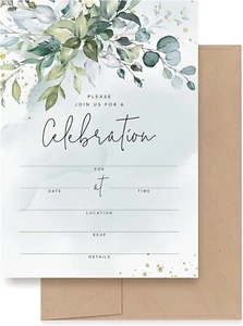 Party Fill In Invitations w/ Envelopes Any Occassion Greenery Watercolor 25 pack - Picture 1 of 7
