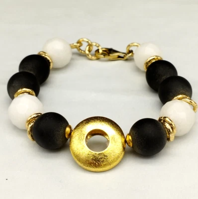 bracciale donna agata nera agata bianca oro argento 925 catena dorata elegante - Immagine 1 di 4