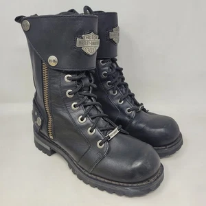 Harley-Davidson Boots Womens 7 Black Leather Fantasia Biker Moto Combat Zip Logo - Picture 1 of 16