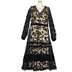 Taylor Women Size 12 Midi Dress Velvet Flocked Mesh Overlay Floral Dark Feminine - Picture 1 of 14