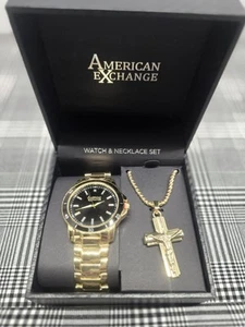 Men's American Exchange Gold Watch And Necklace Set Brand New In Gift Box - Picture 1 of 4
