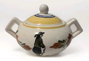 Vintage HB Henriot Quimper France Sugar Bowl Breton Man Yellow Blue Stripe - Picture 1 of 9