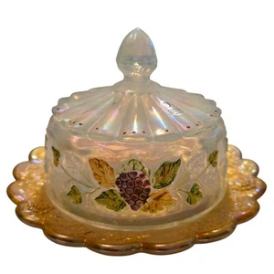 Fenton '05 Autumn Gold Hand Painted Grapes Carnival Glass Iridescent Butter Dish - Picture 1 of 11
