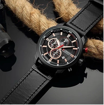 NEW Curren Chronograph Watch Men's Black Leather Strap Quartz Analog Military - Image 1 of 4