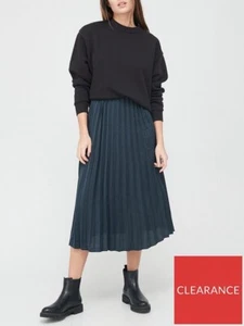 V By Very Satin Feel Pleated Midi A Line Skirt Navy Blue UK Size 8 - Picture 1 of 3