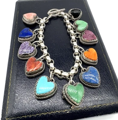 Joan Slifka Charm Brazalete 11 Corazones Plata de Ley Multi Piedras Preciosas 6.5" ÚNICO EN SU CLASE Foto 1 de 4