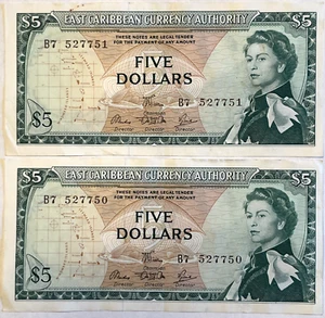 Raro Lote de 2 Billetes de $5 dólares del Caribe Oriental Serie # 1965 Nípido B7 - Imagen 1 de 16
