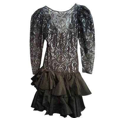 Vintage 1980's Custom made Prom dress Size 7 Taffeta and Lace. Blue and Black Re - Image 1 of 4