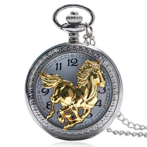 Analog Exquisite Running Golden Horse Quartz Pocket Watch Silver Necklace Chain