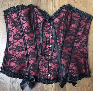 Festival Corset Bustier Waist Cincher Top Red w/Black Floral Lace Overlay Size L - Picture 1 of 4