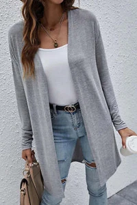 High Rise Solid Color Open Front Lightweight Cardigan - Picture 1 of 8