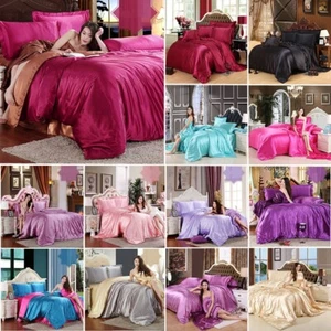 Juego de ropa de cama edredón edredón de seda satinada 4 piezas sábanas ajustables cama doble queen king - Imagen 1 de 72