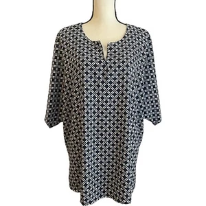 Jones New York Blouse Women’s Size 0X Short Sleeves Navy Blue Geometric - Picture 1 of 5