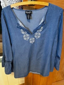 Wrangler Retro Size L (14-16) Denim | White Embroidered LS Top - Picture 1 of 7