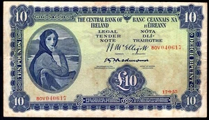 Irlanda, Banco Central, £10, 17-9-55, 80V 040617 (WPM 59c). Crujiente en muy buen estado - Imagen 1 de 2