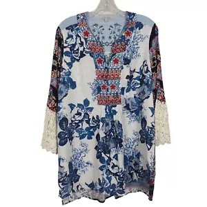 John Mark Tunic Size Medium blue white Bohemian lace embroidered lace Floral - Picture 1 of 16