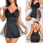 Women Nightgown Sexy Sleepwear Silk Sheer Chemise V-Neck Babydoll Lounge Dress