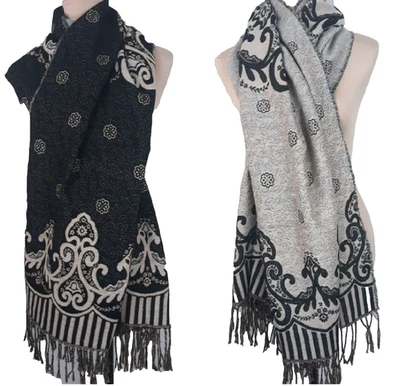 Pashmina Scarf Reversible Gold Metallic Accent Raw Edges Fringe Kirks Folly Tag - Image 1 of 4