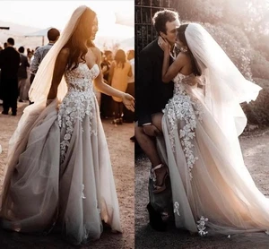 Country Übergröße D Blumen Spitze Brautkleider Herzausschnitt Applikationen Tüll Strand - Bild 1 von 12