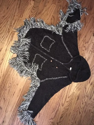 Womens Bohemian Hooded Sweater Jacket Cape Full Zip Brown One Size - Image 1 of 4