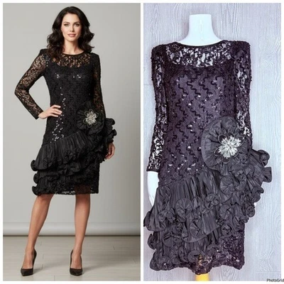 Vintage Lillie Rubin black sequin beaded floral ruffle long sleeve formal dress - Image 1 of 4