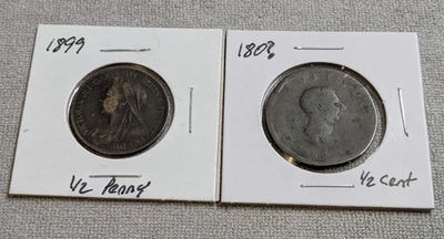 Gran Bretaña 1899 1/2 centavo y 180? Gran Bretaña 1/2 Penny Set de 2 Foto 1 de 4