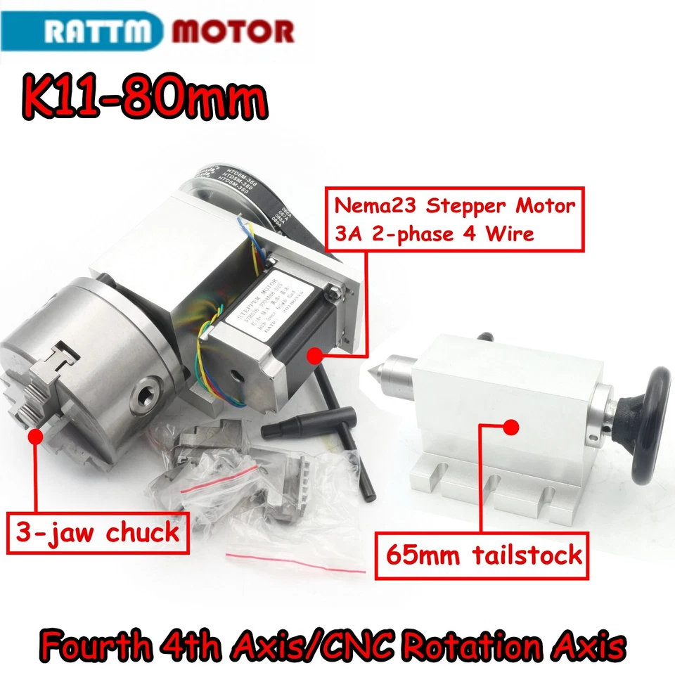 CNC 4th Rotary Axis 3 jaw chuck 80mm Dividing head Reducer ratio 6:1 & Tailstock - Immagine 1 di 4