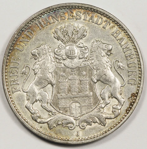 German States Hamburg 1909 J 3 Mark Silver Coin XF/AU KM #620 GERMANY Cover