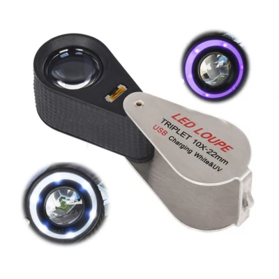 10X Jeweler Triplet USB Rechargeable Loupe Magnifier 6LED White & UV Magnifying - Image 1 of 4