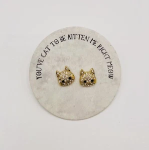 NEW Super Cute!!! Cat Stud Earrings Clear/Black Rhinestones Gold Tone - Picture 1 of 2
