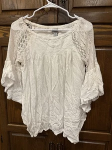 Studio West Top Blouse L Large Smocked Peasant Boho Lace - Picture 1 of 6