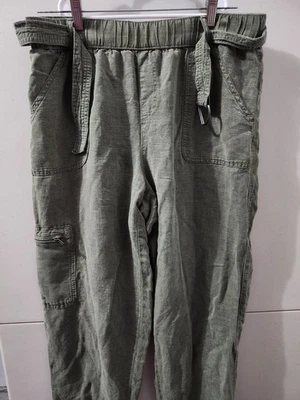 Pantalones Nicole Miller para mujer L GRN cargo taper pullon bolsa de papel con cinturón mezcla de lino Foto 1 de 4