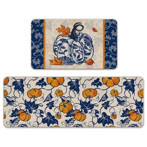 Fall Chinoiserie Pumpkin Kitchen Rugs Set of 2, Autumn Thanksgiving Blue and ... - Picture 1 of 3
