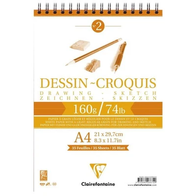 [96674C] Clairefontaine Bloc Dessin Spiralé Croquis 160g A4 35 Feuilles blanc - Photo 1/2