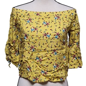 Papermoon Yellow Floral Blouse Womens Sz S Petite Off Shoulder Crop Top Shirt - Picture 1 of 7