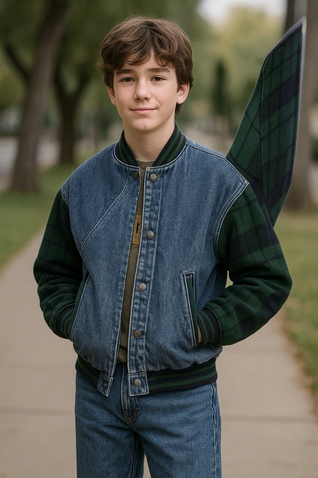 复古 GAP 牛仔轰炸机夹克儿童 L 校格子袖复古 Y2K 90 年代 — 第 1/4 张图片