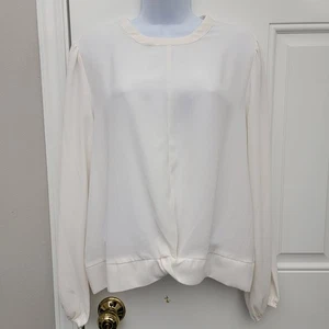Nine West elfenbeinfarbene Langarmbluse Knoten vorne geraffter Saum Ballonärmel Large - Bild 1 von 10