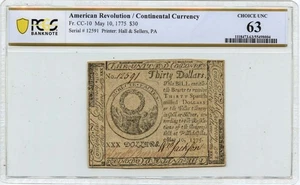 1775 May 10, $30 Continental Currency FR#CC-10 PCGS CU63 - Picture 1 of 2